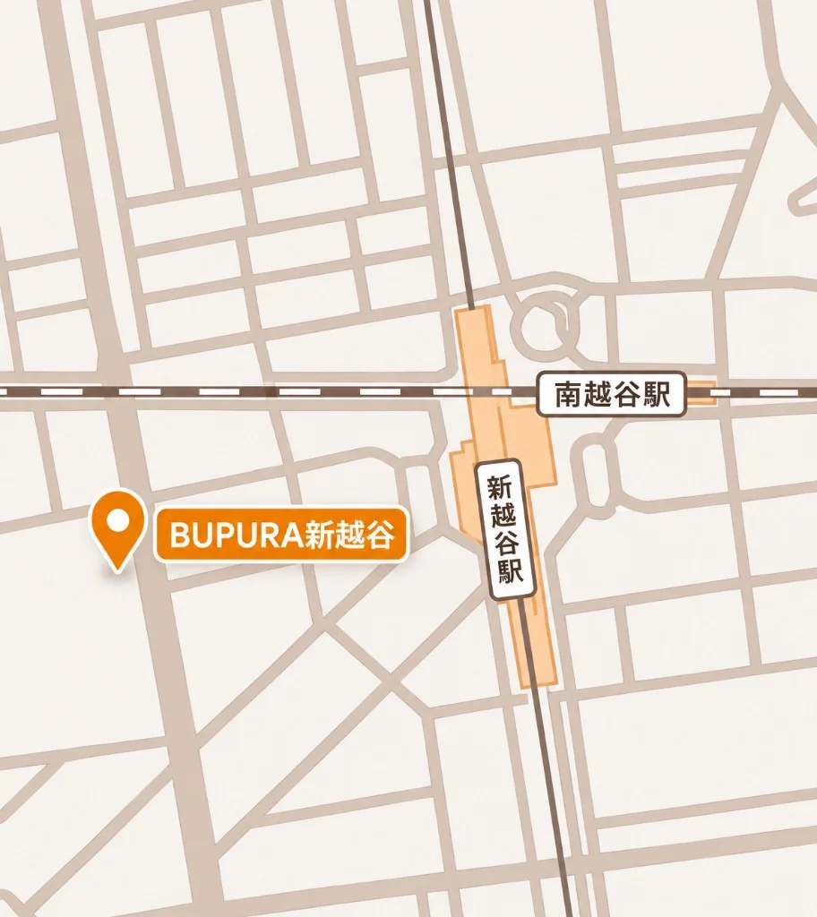 新越谷駅とBUPURA新越谷店の位置がわかる周辺地図